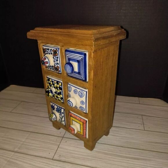 Apothecary 6 Hand Painted Ceramic Drawers Heavy Wooden Cabinet Tea Trinket Box - Picture 12 of 12